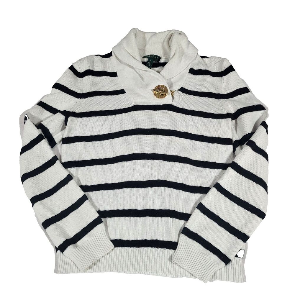 Ralph Lauren Cowl Neck Breton nautical Striped Sweater M‎ Toggle Crest preppy